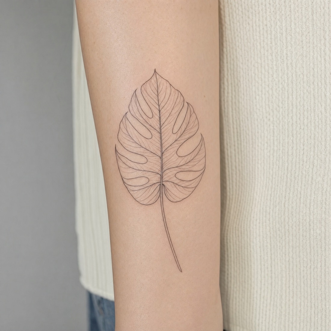 Fine-Line Monstera-Blatt Tattoo