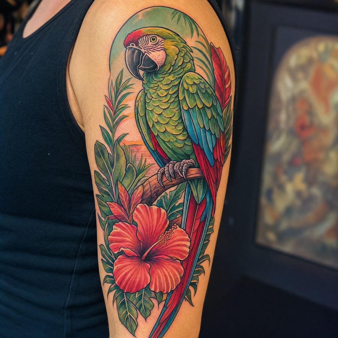 Neo-Traditional Papagei-Tattoo in Farbe