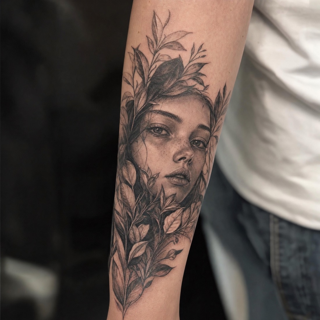 Black-&-Grey Porträt-Tattoo mit Blättern